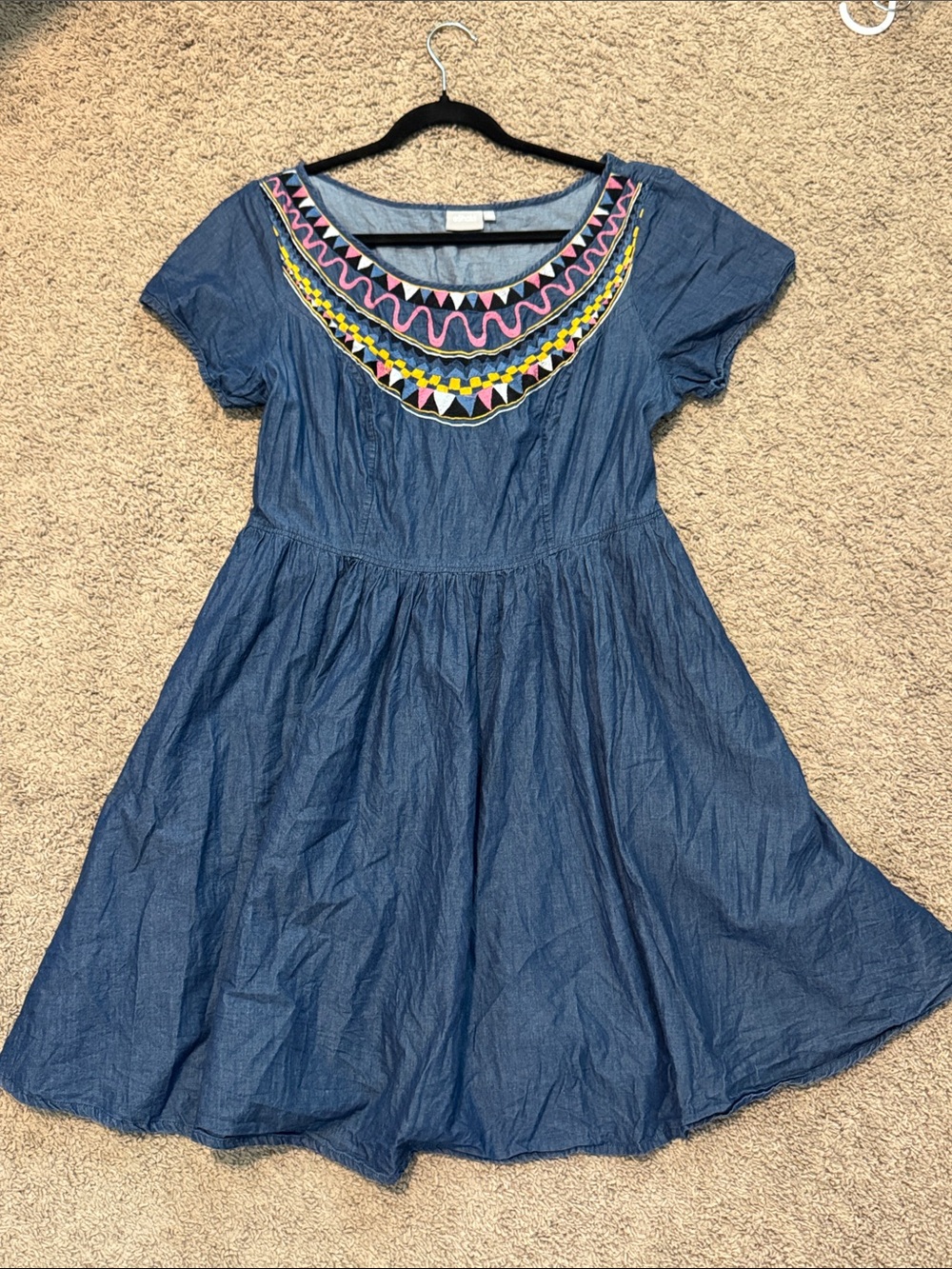 eShakti Blue Denim Dress with Colorful Embroidered Yoke